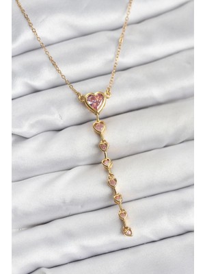 316L Çelik Zincir Gold Renk Pembe Kalp Kadın Kolye