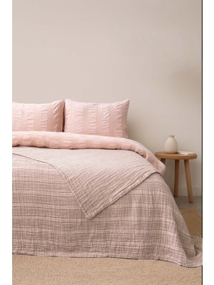 Barine Çizgili Çift Taraflı İnce Dolgulu Yatak Örtüsü Pembe