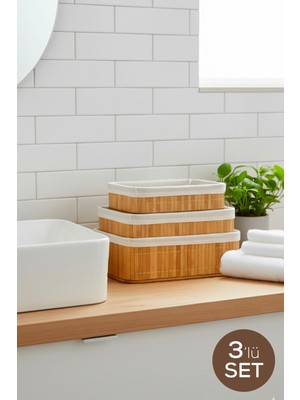 Vienev 3'lü Set Dikdörtgen Bambu Organizer Sepet | Banyo Mutfak Dolap Içi