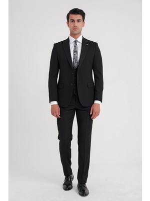 Efor Erkek Slim Fit Çift Yırtmaç Doku Desenli Esnek Siyah Yelekli Takım Elbise TK 924