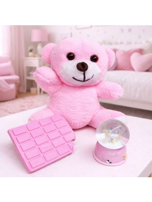 Pembe Peluş Ayıcık Kar Küresi & Pembe Çikolata Tasarımlı Not Defteri – Hediye Seti