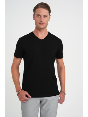Efor Comfort Fit V Yaka Esnek Pamuk Düz Kısa Kol Siyah Tişört Ts 907