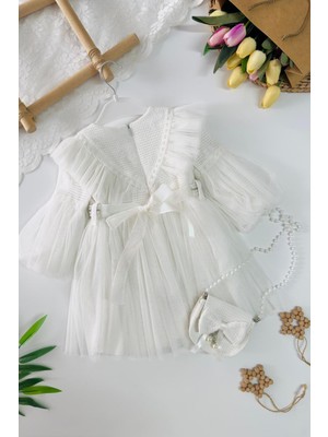 Miniğimin Cicileri Prenses Incili Tül Detaylı Çantalı Kız Çocuk Elbise - Beyaz