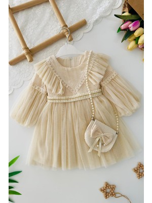 Miniğimin Cicileri Prenses Incili Tül Detaylı Çantalı Kız Çocuk Elbise - Bej