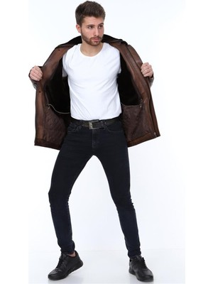 Hakiki Deri Kahverengi Dali Yakası Kürklü Erkek Deri Ceket