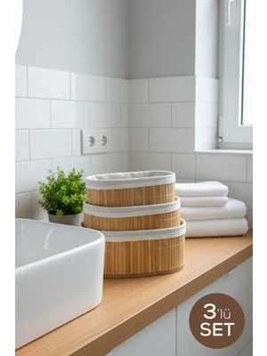 Vienev 3'lü Set Oval Bambu Organizer Sepet | Banyo Mutfak Dolap Içi