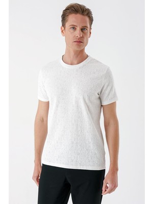 Efor Erkek Slim Fit Bisiklet Yaka Sıva Dokuma Pamuklu Ekru Tişört Ts 882