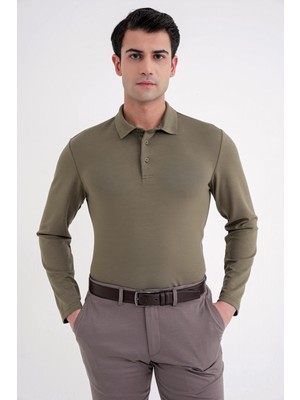 Efor Erkek Comfort Fit %97 Esnek Pamuklu Polo Yaka Uzun Kollu Haki Tişört TS 921