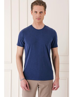 Efor Erkek Slim Fit Bisiklet Yaka Doku Desenli Pamuklu Lacivert Tişört Ts 881