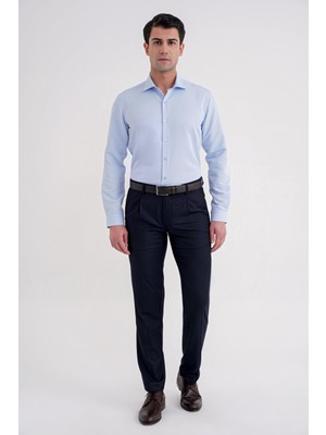 Efor Erkek Slim Fit İtalyan Yaka %100 Pamuk Saten Düz Mavi Gömlek GK 758