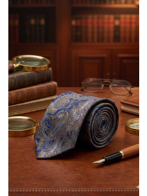 Kravatkolik Tamaro Style Mavi Şal Desen Italyan Ipek Kravat İK2239