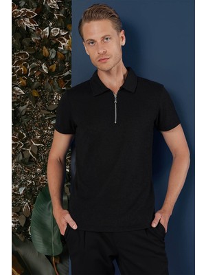 Efor Erkek Slim Fit Fermuarlı Pamuklu Siyah Polo Yaka Tişört Ts 871