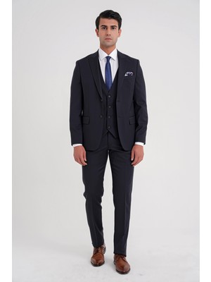 Efor Erkek Slim Fit %97 Yün İtalyan Cerruti Kumaş Sivri Yaka Lacivert Yelekli Takım Elbise TK 926