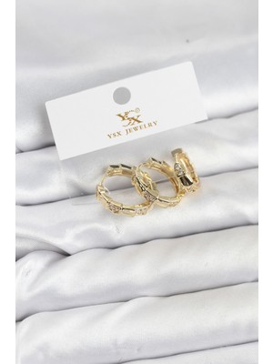 Pirinç Gold Renk Zirkon Taşlı Halka Yılan Model Ysx Trio Küpe Seti