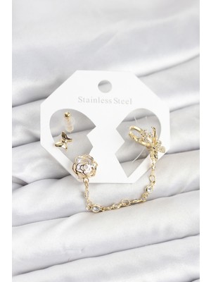 Pirinç Gold Renk Kelebekli Model Zincir Bağlantılı Ear Cuff Küpe Seti