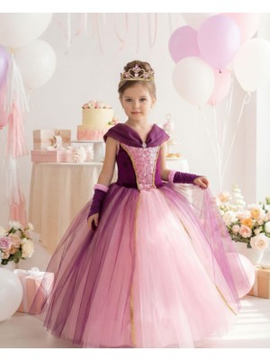 Butik Happy Kids Kız Çocuk Kostüm Rapunzel Mor Düşük Omuz Detaylı Kasnaklı Kabarık Prenses Elbise 3-8 Yaş Taç ve Eldiven HEDİYELİ
