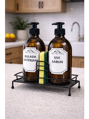 Karteya Standlı Sıvı Sabunluk Seti - Standlı Sabunluk - Metal Standlı Sabunluk - 500 ml Amber Cam
