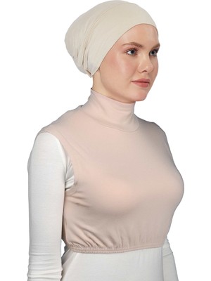 Altobeh Sıfır Kol Balıkçı Yaka Tam Boğazlı Likralı Penye Kadın Yarım Body - Bej