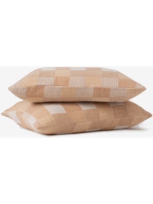 Barine Gingham Kareli Muslin Dokulu 2'li Yastık Kılıfı Karamel