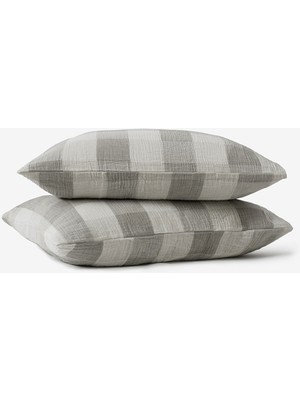 Barine Gingham Kareli Muslin Dokulu Yastık Kılıfı 2'li Gri