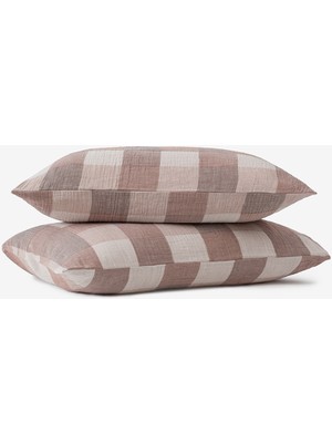 Barine Gingham Kareli Muslin Dokulu Yastık Kılıfı 2'li Kahverengi