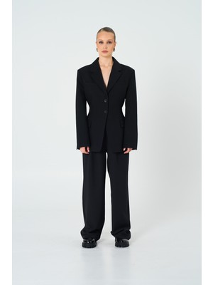 Thalure Kadın Siyah Kum Saati Form Blazer Polyester Karışımlı Uzun Kol Cepli Şık Tasarım