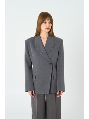 Kadın Antrasit Asimetrik Kruvaze Blazer