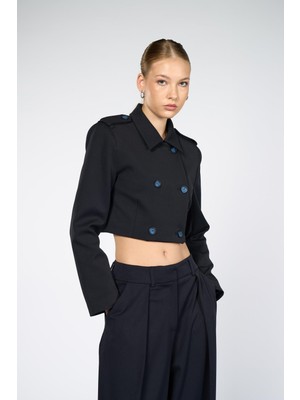 Thalure Kadın Lacivert Apolet Detaylı Crop Blazer