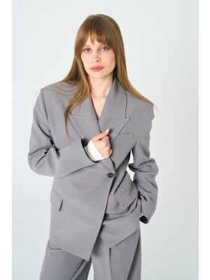Kadın Gri Asimetrik Kruvaze Blazer