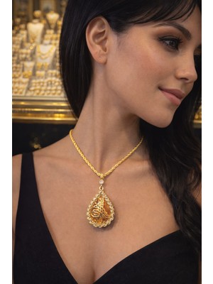 Reva Revsteel 60 cm Burgu Zincirli Osmanlı Tuğrası Figürlü Bayan Kolye Seti – Altın Renk Paslanmaz Çelik