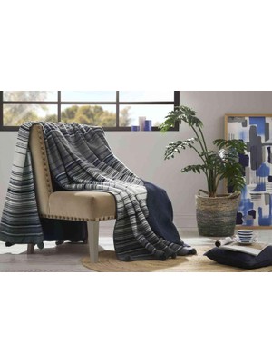 Özdilek Battaniye Pamuk  Stripe  Ponponlu Çift Kişilik  Mavi