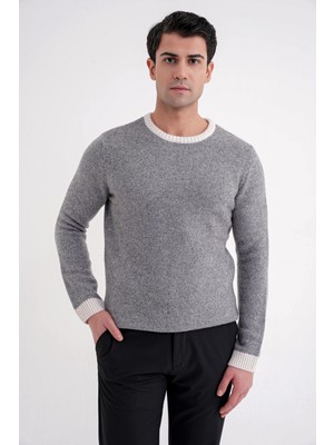 Efor Slim Fit Renkli Ribanalı Ekru Gri Yünlü Bisiklet Yaka Triko Kazak Tr 890