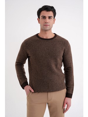 Efor Slim Fit Renkli Ribanalı Kahverengi Vizon Yünlü Bisiklet Yaka Triko Kazak Tr 890