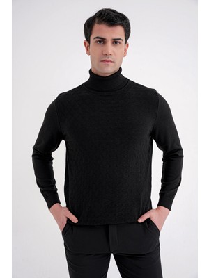 Efor Comfort Fit Baklava Desenli Balıkçı Yaka Yünlü Siyah Triko Kazak Tr 895