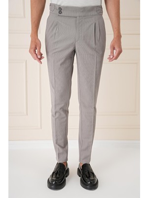 Efor Yandan Tokalı Çift Pileli Esnek Pamuk Gri Pantolon P 1160