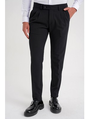 Efor Erkek Comfort Fit Pileli Rahat Kalıp Yünlü Kumaş Siyah Pantolon P 1204