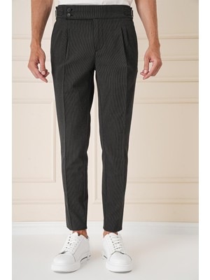 Efor Yandan Tokalı Çift Pileli Esnek Pamuk Siyah Pantolon P 1160