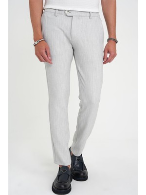 Efor Erkek Comfort Fit Rahat Kalıp Beli Lastikli Balıksırtı Desen Açık Gri Pantolon P 1175