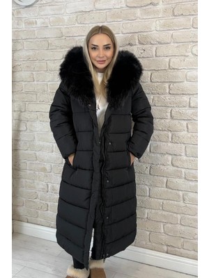 Muna Boutique Ithal Yakası Kürklü Siyah Uzun Kadın Şişme Mont