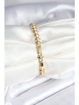 Maarketim Pirinç Gold Renk Zirkon Taşlı Baklava Model Kadın Bileklik