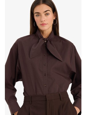 DeFacto %100 Pamuk Oversize Fular Yaka Poplin Gömlek G8622AX26SP