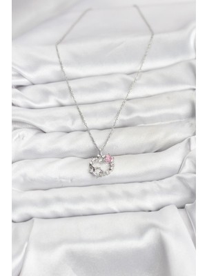 Maarketim 316L Çelik Zincir Gümüş Renk Pembe Taş Detaylı Çelenk Model Kadın Kolye
