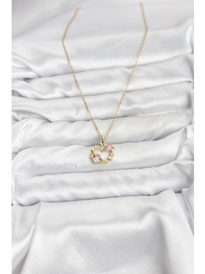 Maarketim 316L Çelik Zincir Gold Renk Pembe Taş Detaylı Çelenk Model Kadın Kolye