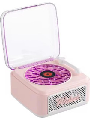 Eco Port Nostalji Mini Plak Görünümlü Radyolu Bluetooth Hoparlör 3D Ses Dalgası Retro Müzik Plak Pembe