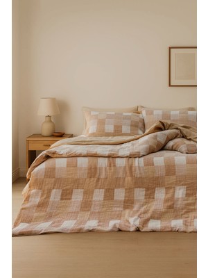 Barine Gingham Kareli Muslin Dokulu Nevresim Seti Karamel