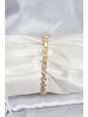 Maarketim Pirinç Gold Renk VIP Seri Sıralı Yonca Model Zirkon Taşlı Kadın Bileklik