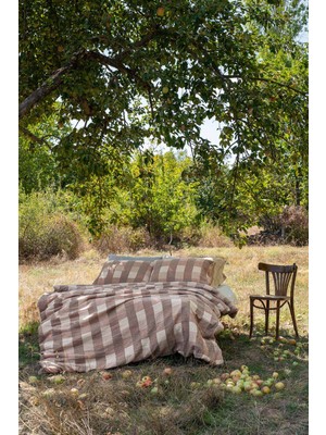 Barine Gingham Kareli Muslin Dokulu Nevresim Seti Kahverengi