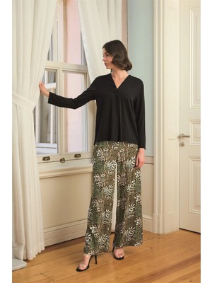 MiraLive Çiçek Yaprak ve Etnik Desenli Uzun Kollu Pijama Takımı