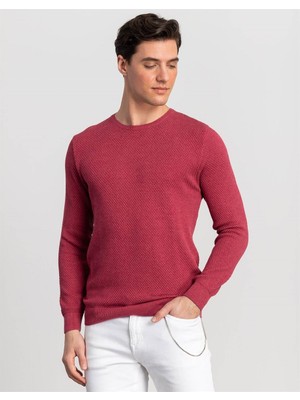 Tudors Erkek Standart Fit Normal Kesim Bisiklet Yaka Petek Desenli Bordo Triko Kazak