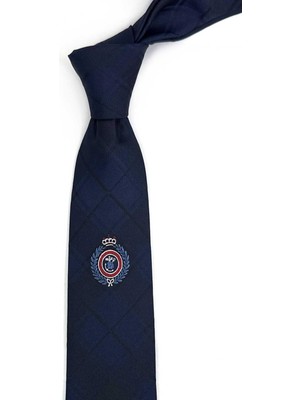 Kravatkolik 7 cm Lacivert Ekose Arma Desenli Ipek Kravat İK2315